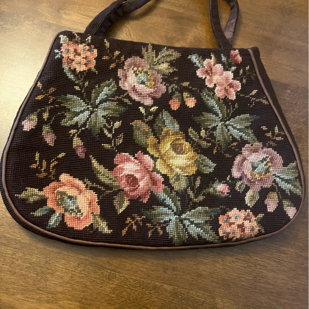 COPY - Vintage Needlework Large Purse Brown with Cabbage Roses